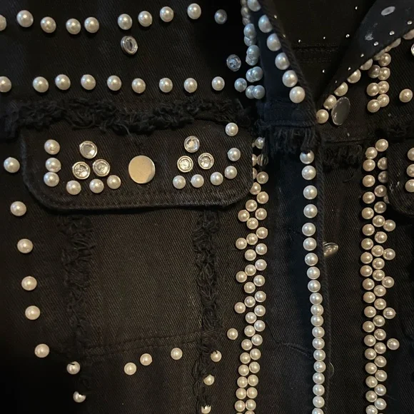 Rodeo Country Western Black Denim Pearls and Studs Jean Jacket
